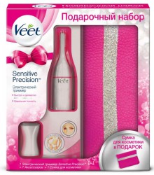 Набор подарочный, Veet (Вит) арт. 3039545 электрический триммер для депиляции Сенситив пресижн + 7 аксессуаров + косметичка коробка